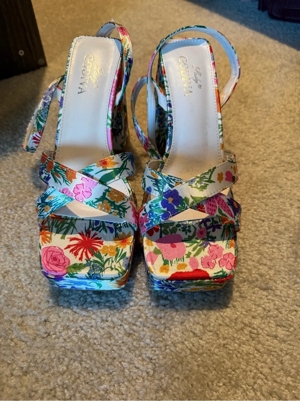 Lady Godiva Floral Multicolor Platform Sandals with Slingback Strap